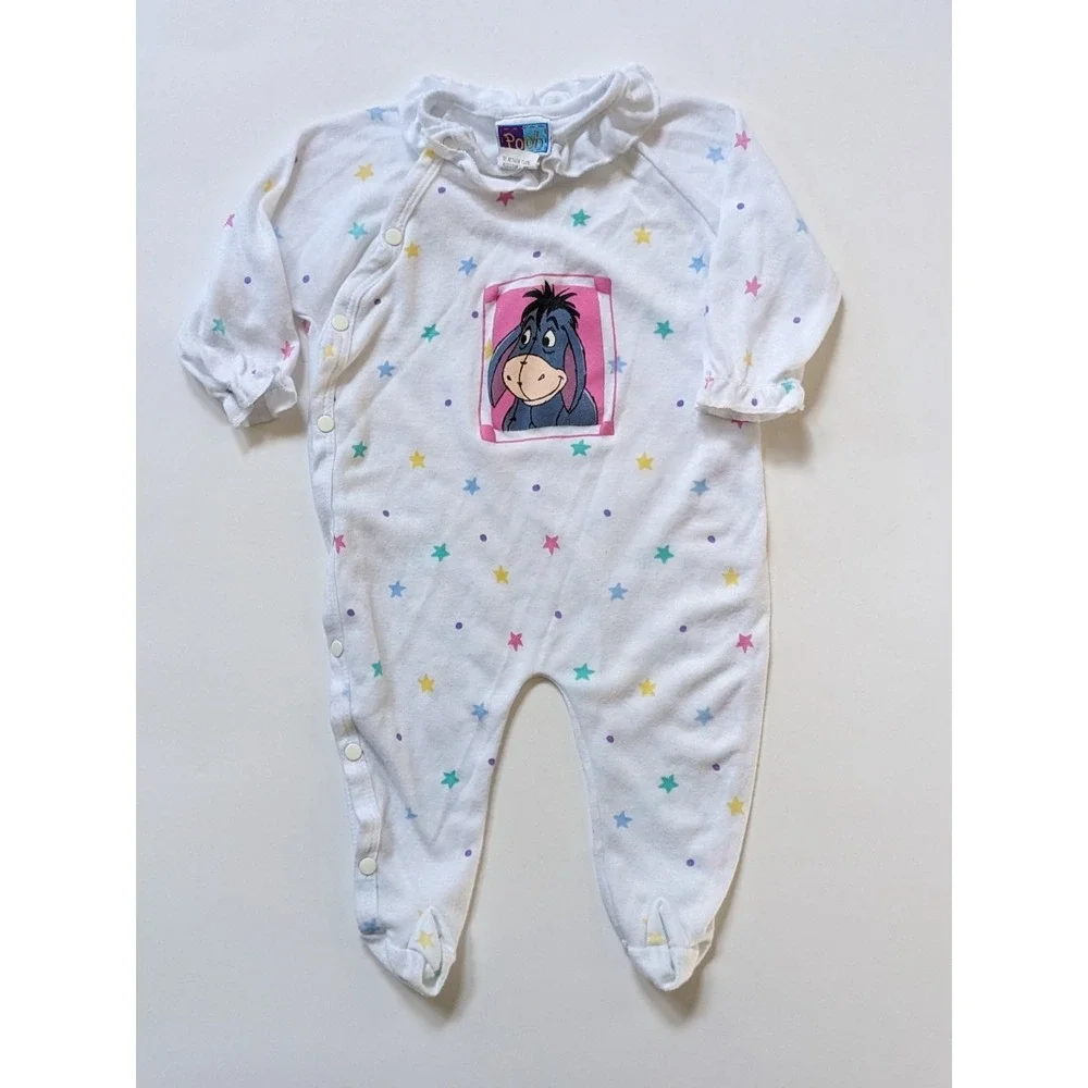 Vintage 90s Disney Pooh Eeyore Star Print Footed Sleeper One Piece White 6 Month